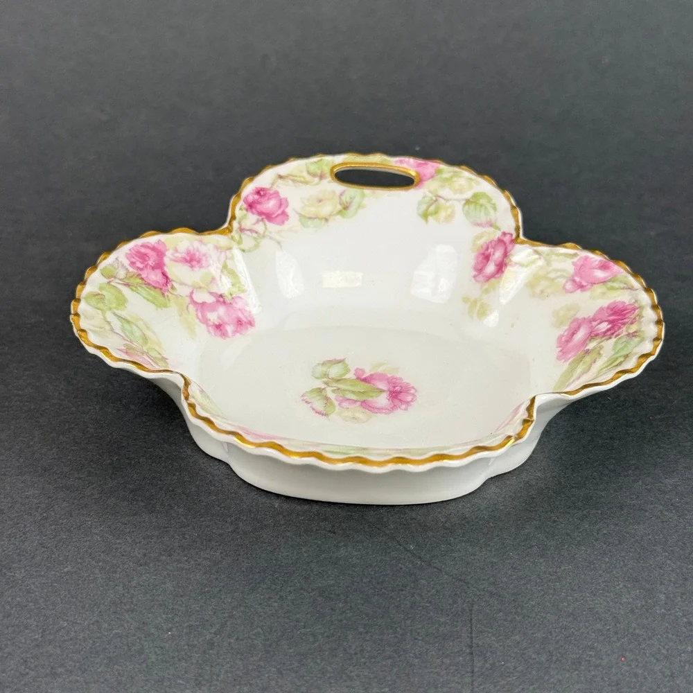 Haviland France Porcelain Floral Dish Pink Rose Scalloped Gold Rim Handle